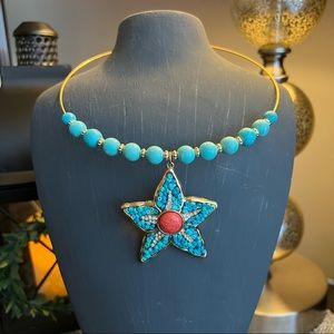 Turquoise & Coral Beaded Starfish Necklace